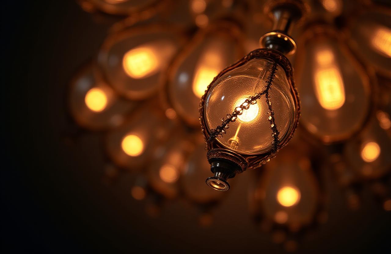 Close-up of a high-end architectural lighting fixture glowing with warm amber light
