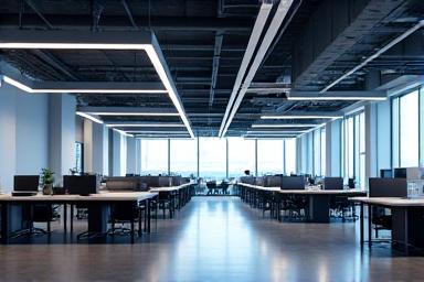 Dynamic cool-white lighting in a modern workspace