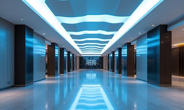 Dramatic lighting design in a modern corporate lobby